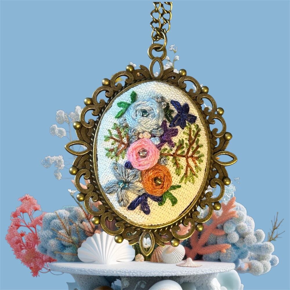 Handmade Botanical Embroidery Pendant Necklace with Bead Detail Purple Orange